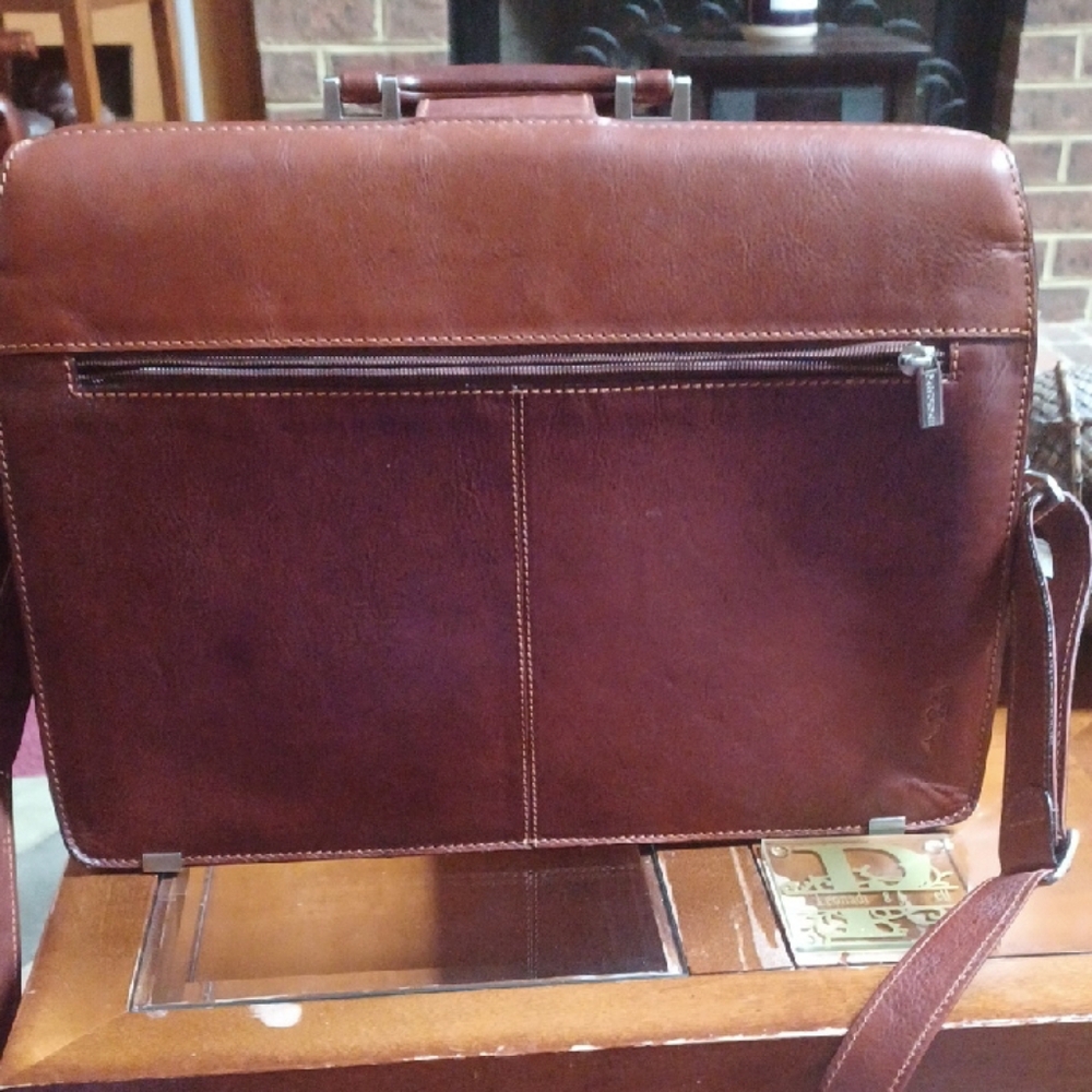 Brown Leather Briefcase with Polished Finish and Metal Hardware